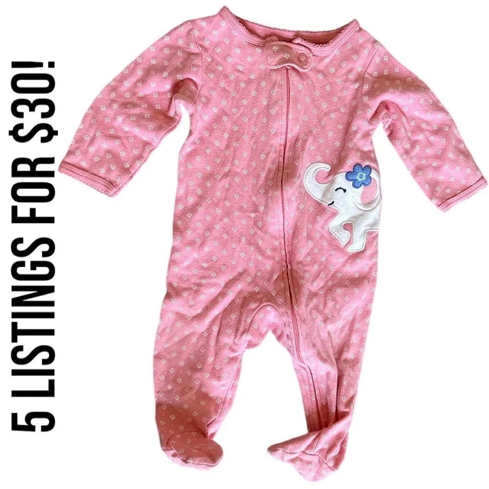 Carter's Pink Elephant Zip Up Footie Pajamas 6 Months Baby Girl